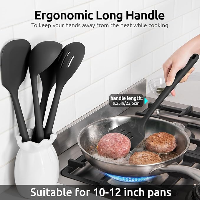 18/8 Stainless Steel Measuring Spoons Set for Dry and Liquid Ingredients (Set of 9), and 600℉ Heat Proof BPA-Free Solid/Slotted Sturdy Cooking Utensil Set of 5 for Non Stick Cookware, Black
