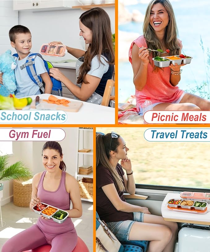 3 Pack Stainless Steel Snack Containers for Kids & Adults - Leek Proof Metal Bento Lunch Box with 3 Compartment - Lunchable Containers for Daycare, School, Work, Travel - Stackable Bento Snack Box