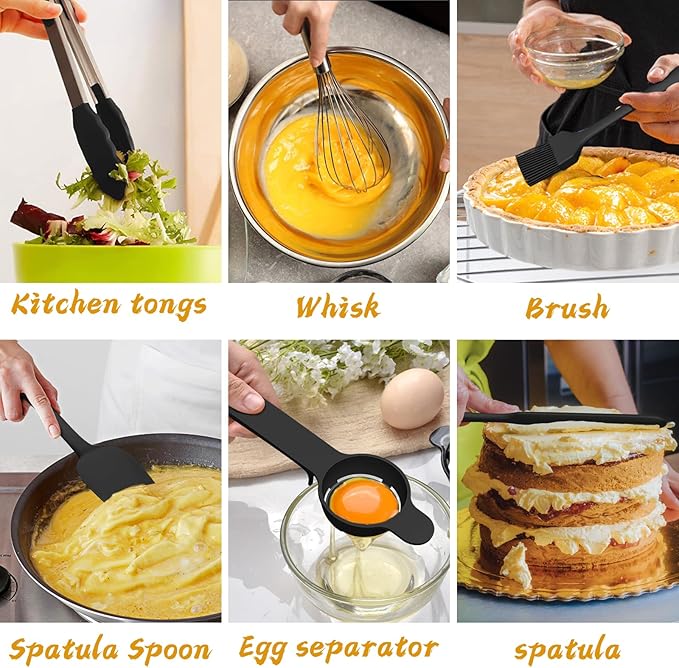 Mixing Bowls with Airtight Lids, 20 piece Stainless Steel Metal Nesting Bowls, Non-Slip Silicone Bottom, Size 7, 3.5, 2.5, 2.0,1.5, 1,0.67QT Great for Mixing, Baking, Serving (Black)