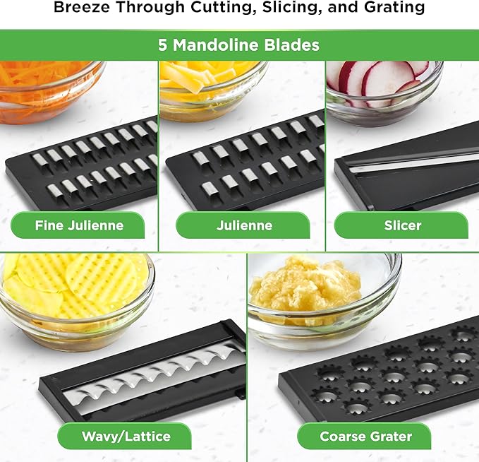 PrepNaturals Vegetable Chopper with Container, Veggie Chopper, Food Chopper & Onion Chopper - Mandoline Slicer for Kitchen (8 in 1, Black)