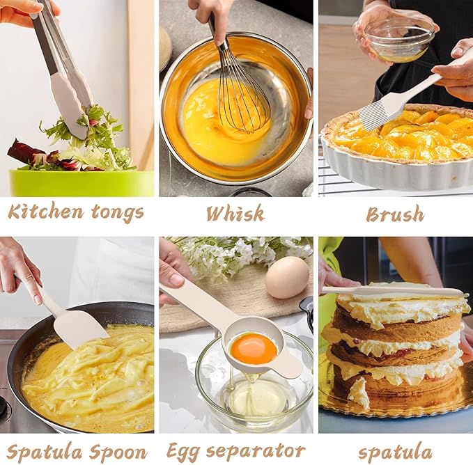 Mixing Bowls with Airtight Lids, 20 piece Stainless Steel Metal Nesting Bowls, Non-Slip Silicone Bottom, Size 7, 3.5, 2.5, 2.0,1.5, 1,0.67QT Great for Mixing, Baking, Serving (Khaki)