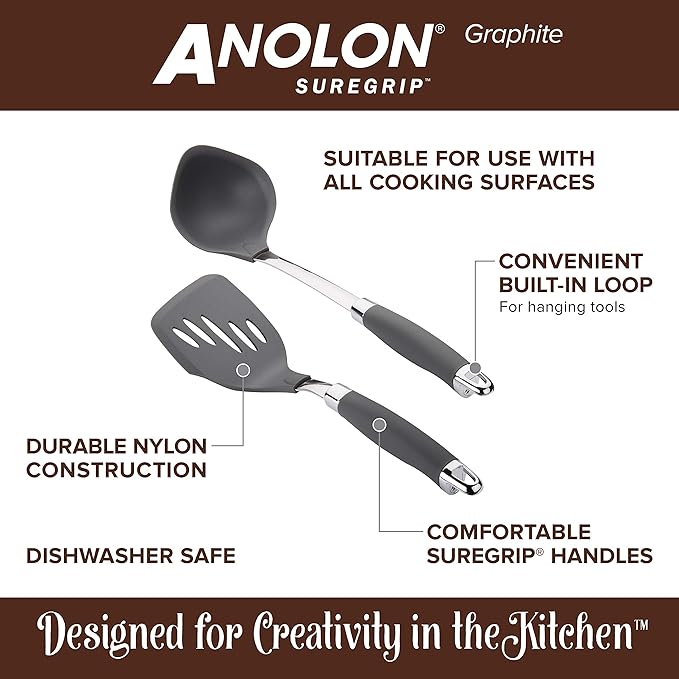 Anolon Gadgets Utensil Kitchen Pasta Cooking Tools Set, 3 Piece, Graphite Gray