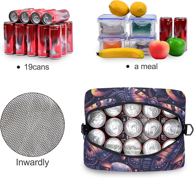 MNSRUU Insulated Lunch Bag Gothic Skull Butterfly Women Men Fabric Dinner Tote Cooler Bag Reusable Leakproof Lunch Box with Adjustable Shoulder Handles Strap For Work School