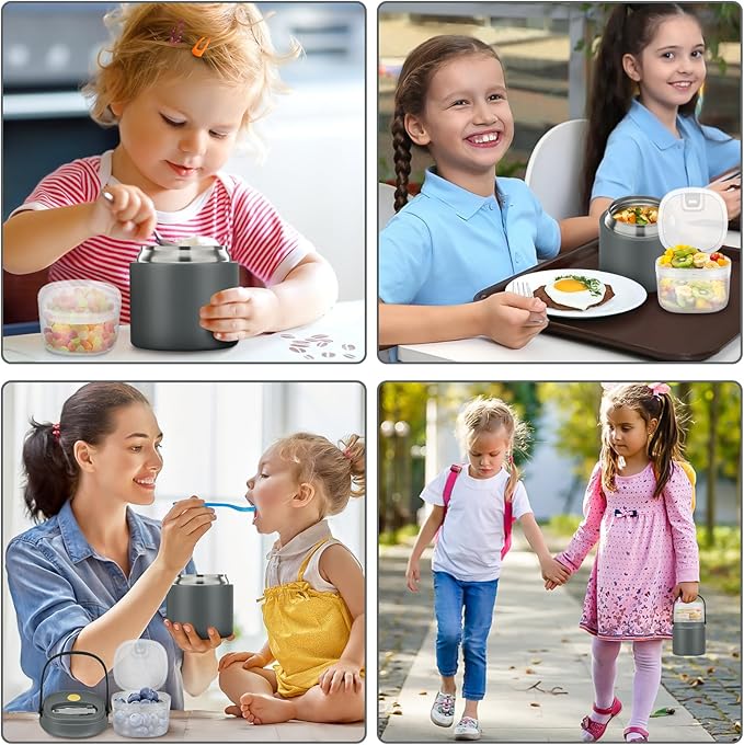 2-In-1 Soup Thermo for Hot Food Kids, 15 Oz Insulated Food Container and a Snack Box, Wide Mouth, Leak Proof, Stainless Steel Spoon, Dishwasher Safe Food Thermo Set for School, Work, Travel, Gray