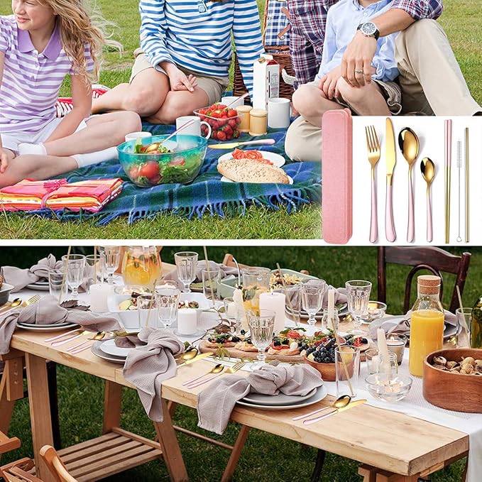 AARAINBOW 7 Pieces Stainless Steel Flatware Set Portable Reusable Cutlery Set Travel Utensils Set Including Chopsticks Knife Fork Spoon Straws Cleaning Brush Dishwasher Safe (7 Pink Golden)