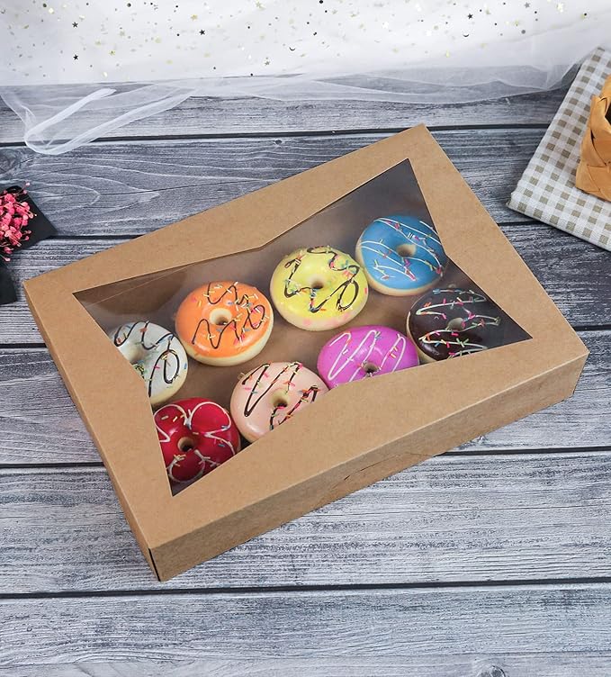 8-PACK Brown Pastry Bakery Box 16x11x2.75inch,Large Donuts,Muffins,Cookies Boxes with Window Auto-Pop up Paper Box Nature Cardboard Take Out Container,Hold 12 Donuts,Pack of 8