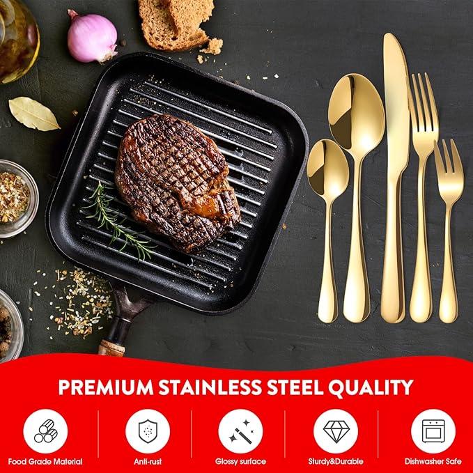 Gold Silverware Set, 30 Pieces Stainless Steel Gold Flatware Set, Kitchen Cutlery Tableware Service Set for 6, Color Utensil Sets for Home Restaurant and Party