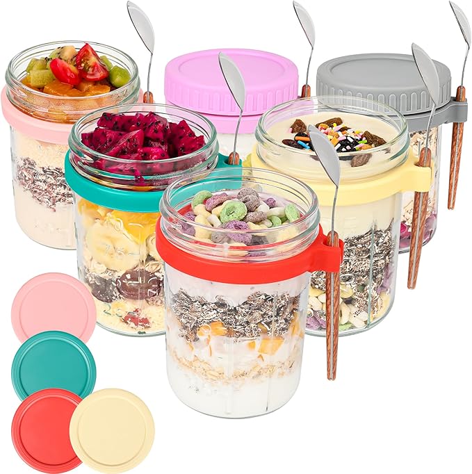 6 Pack Overnight Oats Containers with Lids and Spoons-18 Oz Overnight Oats Jars Mason Jars for Chia Pudding Cereal Fruit Vegetable Milk Salad Yogurt Meal Prep