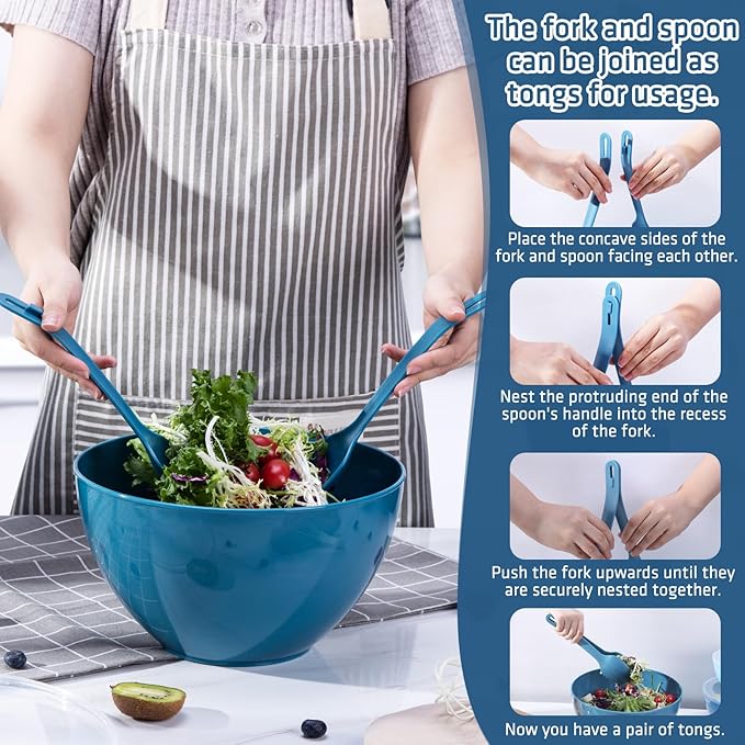 LUXEAR Mixing Bowls with Lids Set, 14 Pieces Plastic Nesting Bowls Includes 6 Prep Bowls, 6 Lids, 2 Cooking Spoons(Can Convert into Tongs), Microwave Dishwasher Safe for Mixing Serving Baking Storing