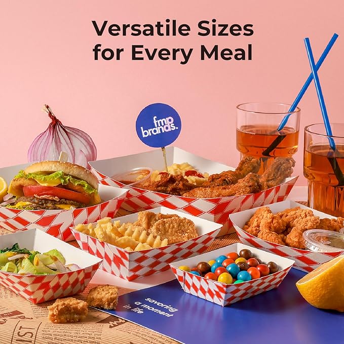 Fit Meal Prep [250 Pack 2 lb Paper Food Boats Heavy Duty Disposable Food Trays, Red Check Nacho Tray for Parties Fairs Picnics Carnivals Holds Tacos Nachos Fries Hot Dogs Grease Resistant