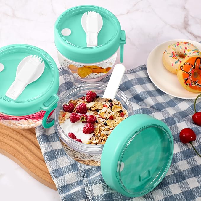 4 Pcs Overnight Oats Container with Lids and Spoons, 20 oz Plastic Overnight Oats Jars Large Capacity Airtight Yogurt Container for Milk, Fruit, Cereal and Salad Storage (Cyan)