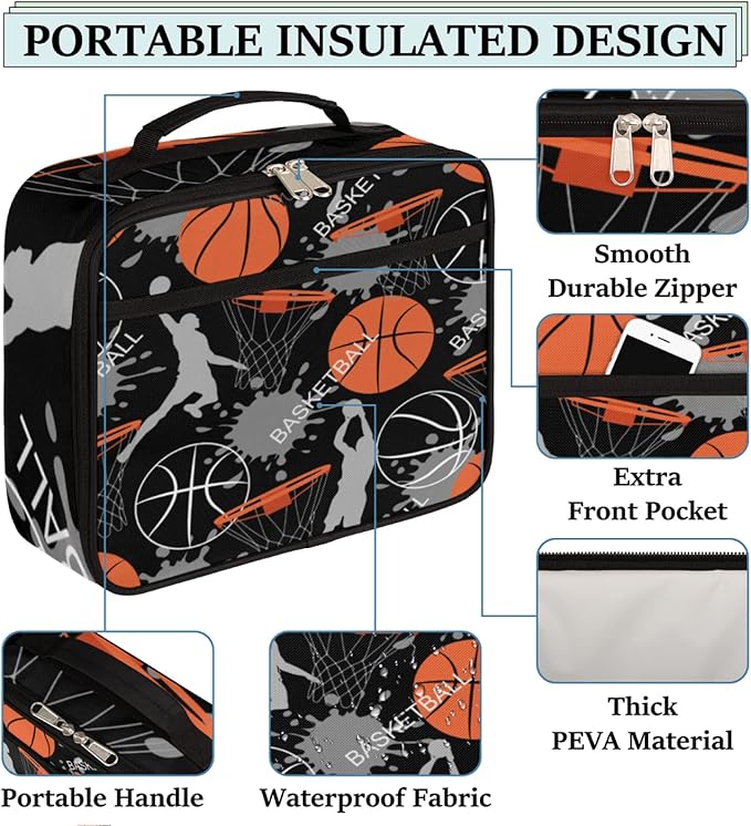 Basketball Slam Duck Insulated Lunch Box for Boys Girls Adult, Reusable Back to School Lunch Bag, Leakproof Meal Prep Tote Kit Cooler Bag Lunch Tote Bag for Work Beach Outdoor