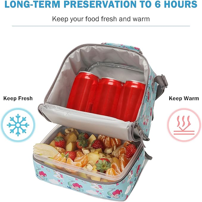 Tilami Lunch Bags Insulated Adjustable Strap Zipper, Two Compartments Cooler Bags, Bento Bags for Kids Toddlers (Mermaid)