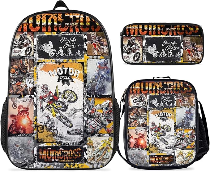 Motorcycle Backpacks - Dirt Bike Backpack Bundle 3 Pieces for Teens, Boys and Girls Motocross For Kids Includes Bookbags Insulated Lunch Bag and Pencil Case Perfect for School and Everyday Use