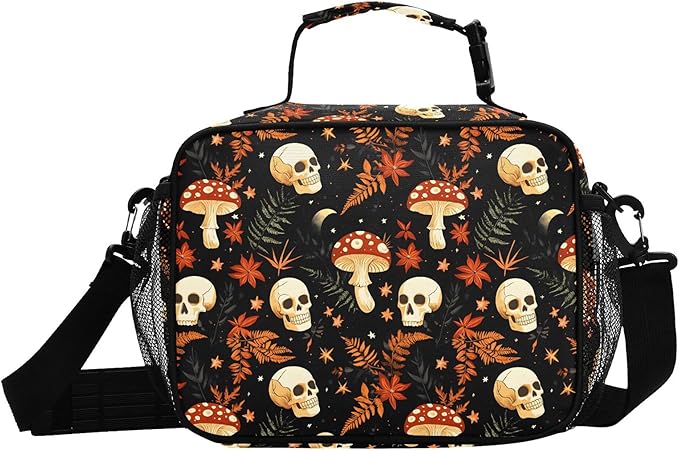 MNSRUU Student Lunch Bag Mushrooms Skull Insulated DinnerTotes Picnic Bag Lunch Box with Adjustable Shoulder Strap for Teen Kids Adults
