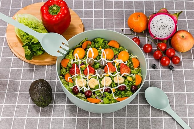 GEHE Bamboo Fiber Salad Bowl with Servers Set - Large 9.8 inches mixing bowls Solid Bamboo Salad Wooden Bowl with Bamboo Lid Spoon for Fruits,Salads and Decoration (Blue -green, 9.8INCH)