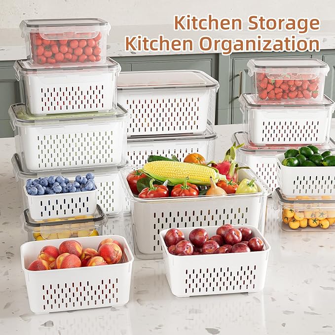 10 Pack Fruit Storage Containers for Fridge with Removable Colanders - Food Storage Containers with Lids, BPA-Free Produce Containers Keep Fruits, Vegetables, Berry, Meat Fresh Longer