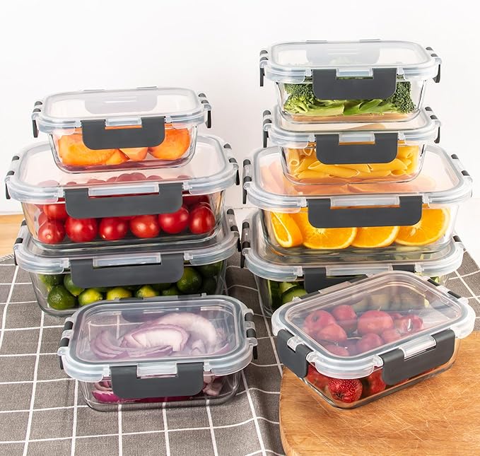 10 Pack Glass Food Storage Containers with Airtight Lids, Ideal for Meal Prep, Lunches - Microwave and Dishwasher Safe, Grey