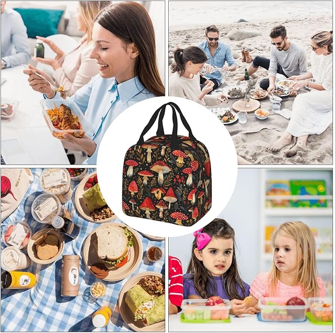 Mushroom Lunch Box Vintage Mushroom Leaf Forest Insulated Lunch Bag for Kids Women Men Reusable Cooler Botanic Lunch Tote Bag with Front Pocket for Girls Boys Students School Picnic Travel Office