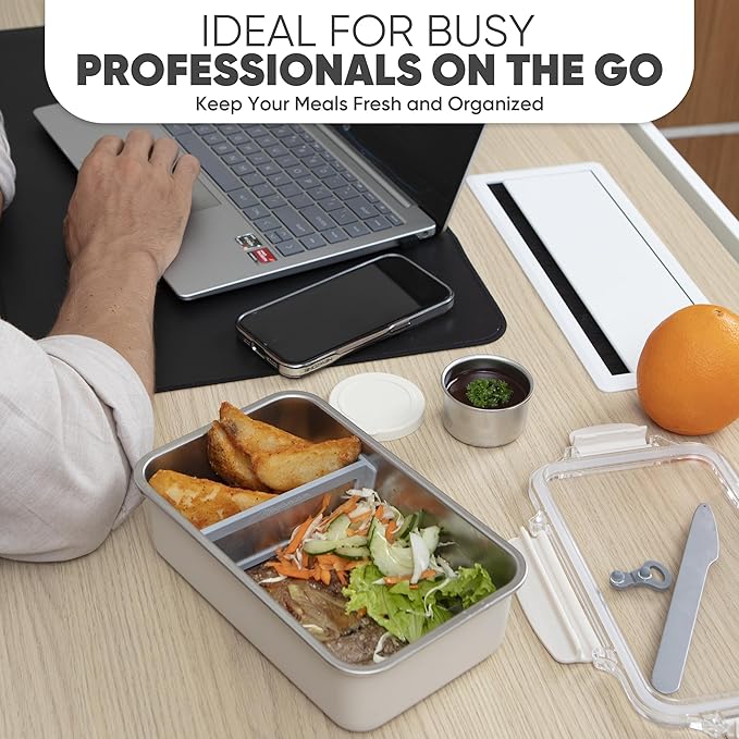 Bliss - Stainless Steel Leak Proof Bento Lunch Box, Meal Prep container for Adults; 3 Compartments, Modern bento Box, Microwave Safe| Lunchbox| Bentobox | Lunch container (Vanilla, 42 OZ)