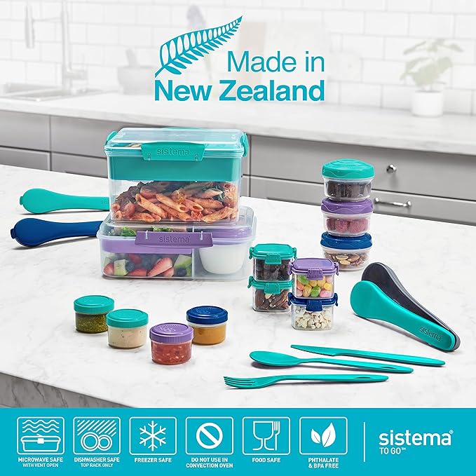 Sistema Bento Box Adult Lunch Box with 3 Compartments, 2 Removable Trays, and Salad Dressing Container, Dishwasher Safe, Color May Vary, 42 oz./1.25L Size (Pack of 4)