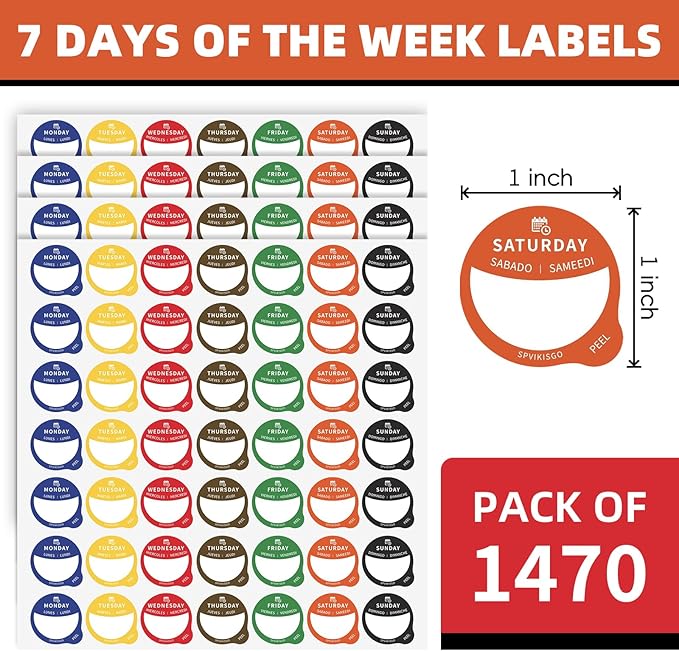 Day of The Week Stickers,Food Labels Stickers,1470 PCS Writable and Removable Day Label Peel Tab for Containers Bottles Food Bags, Home Kitchen Restaurant Supplies for Inventory Management