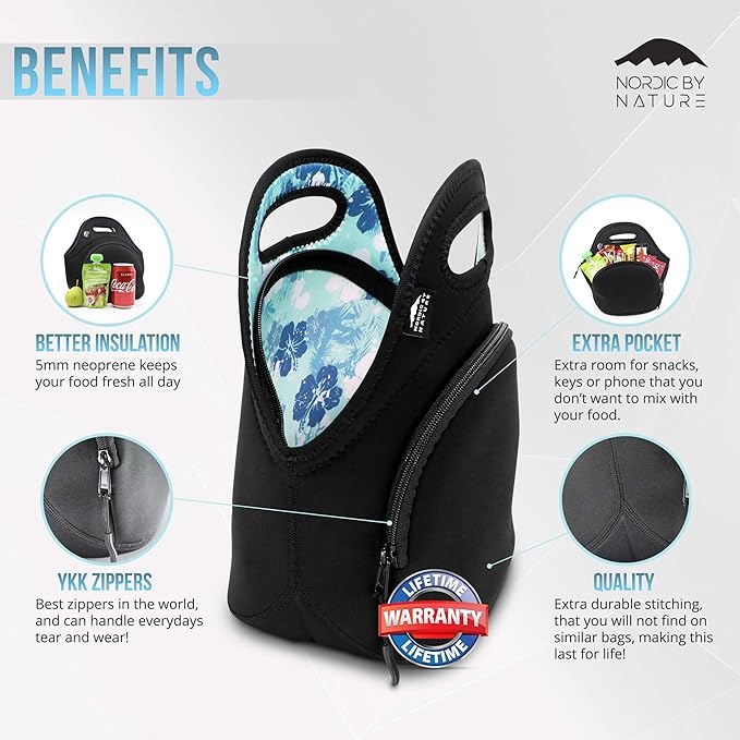 Nordic By Nature Insulated Neoprene Lunch Bag Tote Made For Women, Men and Kids | 12" Big Bottle Cooler | Lightweight | Rugged | Lunchbox | Washable | Stretchy | Designer Lunch Bags (Blue Hawaii)