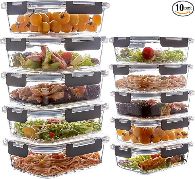 10 Pack Glass Meal Prep Containers, Glass Food Storage Containers with Lids, Reusable Airtight Leakproof Glass Lunch Bento Boxes Freezer, Microwave Oven and Dishwasher, Gray