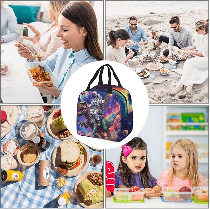 Yudchen Astronaut Riding Dinosaur Lunch Box 3D Cool Dinosaur Insulated Lunch Bag for Kids Women Men Reusable Cooler Space Lunch Tote Bag for Girls Boys Students School Picnic Travel Office