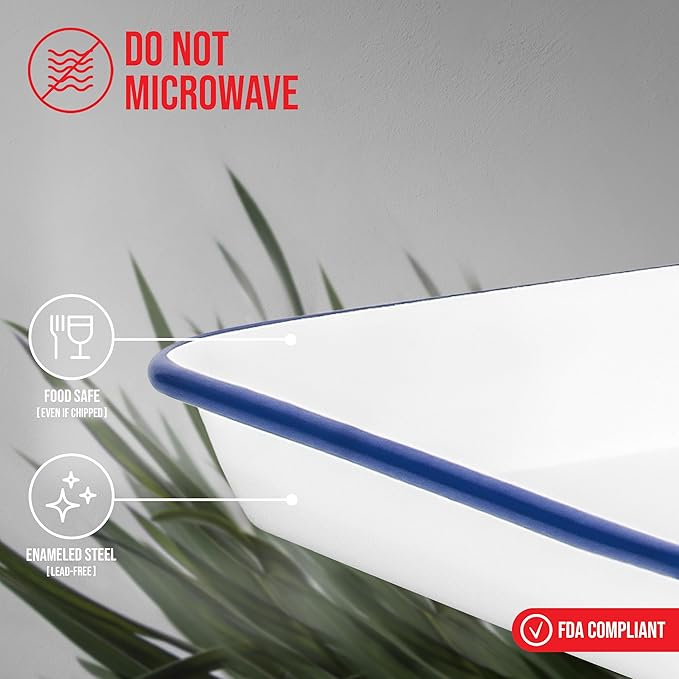 Red Co. 11" x 9" Enamelware Metal Classic 2 Quart Rectangular Serving Tray, Solid White/Navy Blue Rim