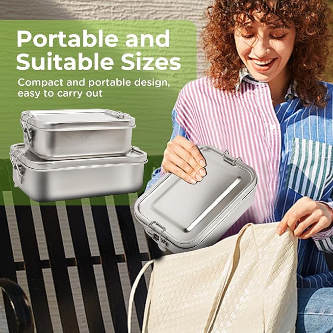 LEEPENK 304 Stainless Steel Lunch Box and Food Containers with Lids 2 Pack 1400/850ml Leak-Proof Adjustable Compartment Metal Bento Box for Travel Work Picnic Adults