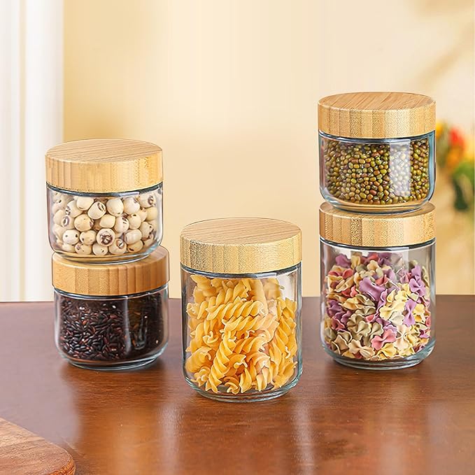 Glass jar with Bamboo lids 6 Set, 16oz overnight oats containers with lids, Glass Mason jars, Reusable Meal Prep Jars with Airtight Lids for Food Yogurt Snacks Storage