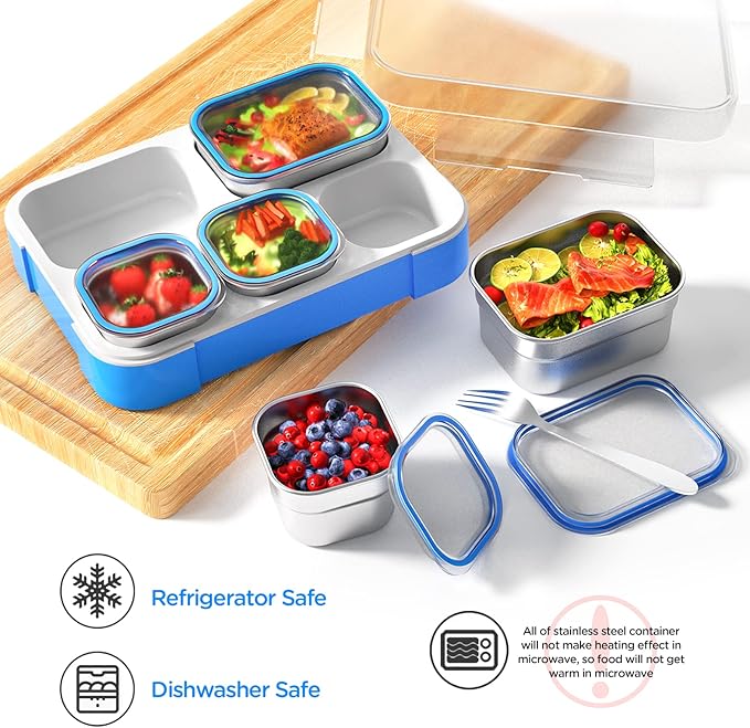 Lunch Box Stainless Steel Bento for Kids Adults Leakproof BPA-Free with Lunch Bag Metal Lunch Containers Tray 5-Compartment with Fork for Boy Food Snack Containers for School Outdoors Navy-Blue