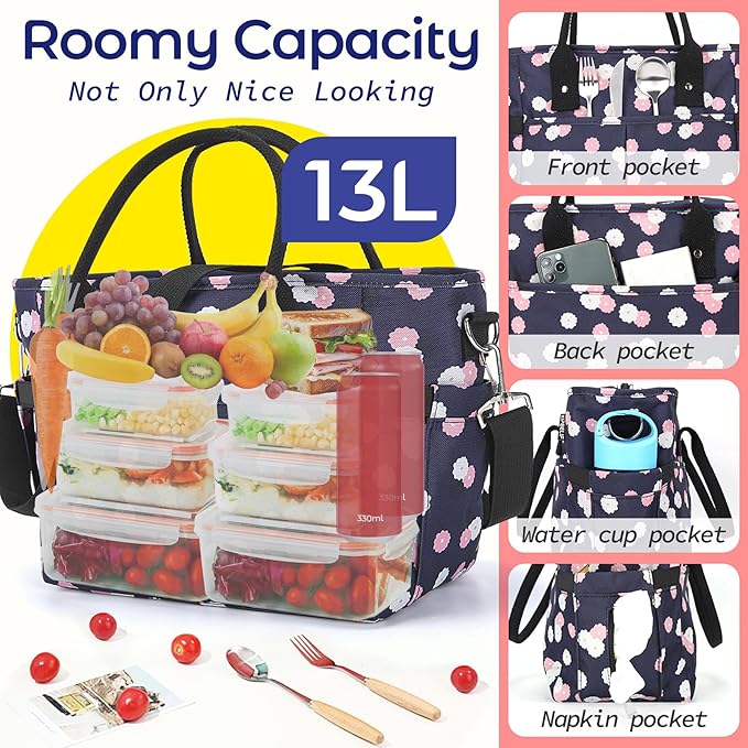 KIPBELIF Cute&Classy Roomy Insulated Lunch Bags for Women - Stylish & Functional Large Tote Adult Lunch Box for Working & Picnic (Dark Blue Plum, L)