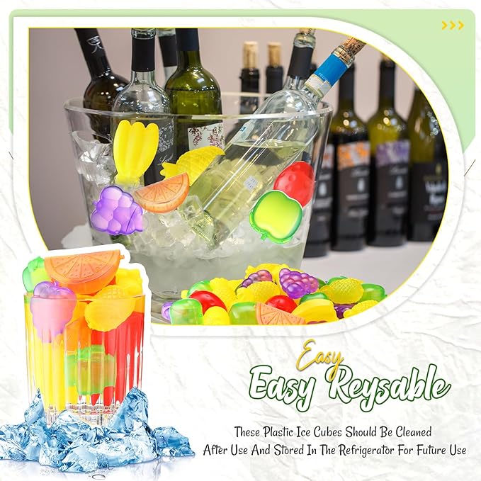 100 Pcs Reusable Ice Cubes for Drinks, Fruit Style Plastic Ice Cubes Refreezable for Coolers, Whiskey, Cocktails, Beer, Wine, Coffee Easy to Use