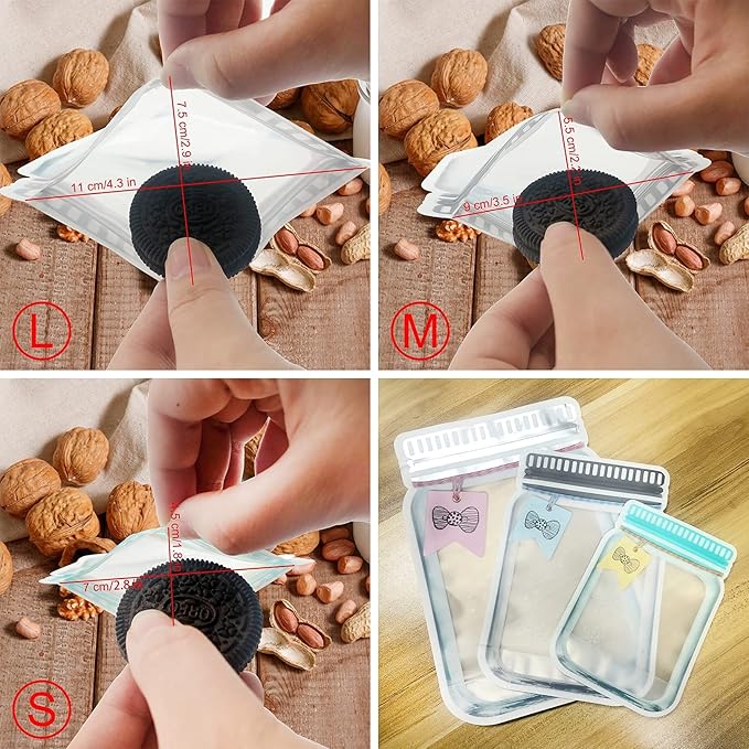 Enkrio 45Pcs Mason Jar Zipper Bags Resuable Snack Bags Portable Food Storage Snack Zipper Bags for Kitchen Travel Camping Picnic Organizer (15S 15M 15L)