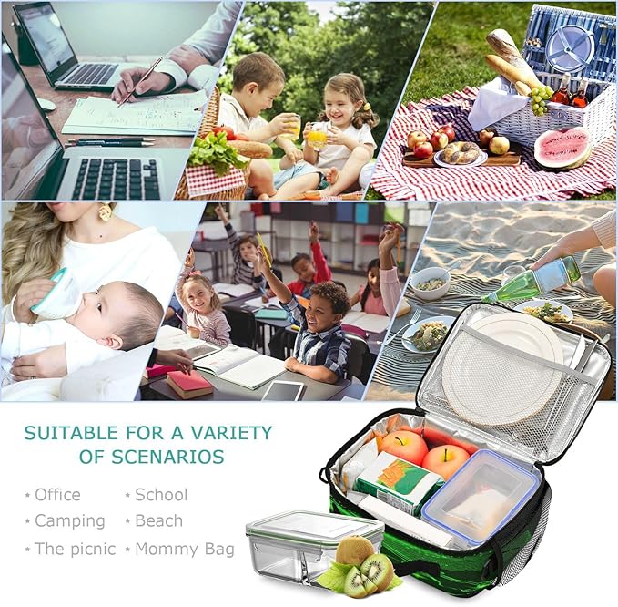 Pfrewn Hockey Player Lunch Box for Kids School Students Green Neon Hockey Sport Insulated Lunch Bag with Shoulder Strap for Office Adults Reusable Cooler Bags Lunch Tote