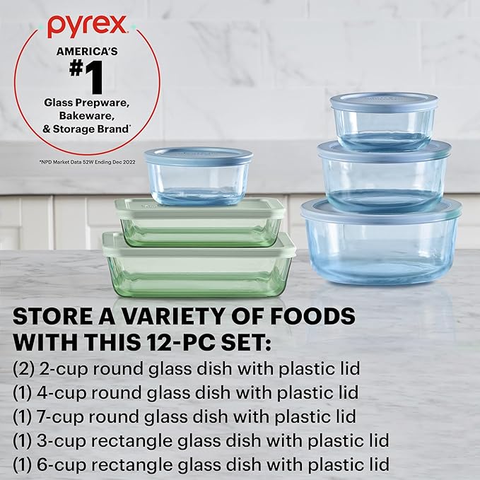Pyrex Colors (6-Pack, Full Set) Tinted Glass Food Storage Container Set, Snug Fit Non-Toxic Plastic BPA-Free Lids, Freezer Dishwasher Microwave Safe, 3 Cup, 6 Cup & 11
