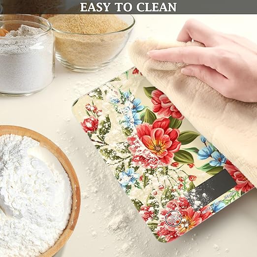 Food Scale Kitchen Digital Scale Food Ounces and Grams Dieting Baking Cooking Waterproof Glass Panels LCD Display,4 Units Scale Tare Function Flower Red