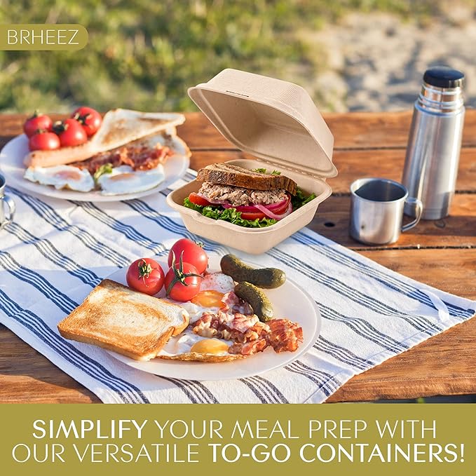 brheez Disposable Clamshell To-Go Containers – Bagasse Fiber Biodegradable Containers with Lids for Takeout, Parties, & Holidays – Pack of 50 Chemical-Free, 1-Compartment Boxes, 6"x6", Natural