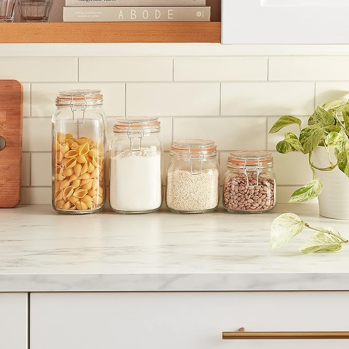 OGGI 4 Piece Airtight Glass Storage Containers Set - Includes 4 Glass Kitchen Canisters with Clamp Lids & Silicone Seals - Farmhouse Kitchen Décor, Kitchen Storage, Pantry Storage, Food Storage