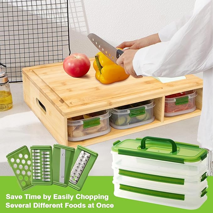 Bamboo Cutting Board with Containers, Large Smart Cutting Board Set with Stackable Containers, Built-in Graters and Locking Lid, Meal Prep Station, Chopping Board Set, Housewarming Gifts