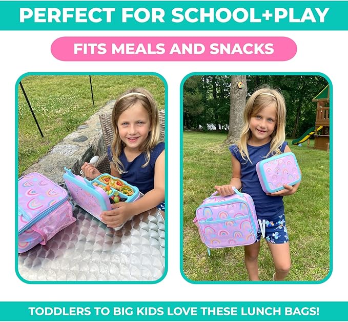 Bento Lunch Box with Insulated Bag, Water Bottle & Ice Pack Set for Kids Toddlers, 4 Portion Sections, Removable Tray, Pre-School Girl Kid Toddler Daycare Lunches, Snack Container, Purple Rainbow
