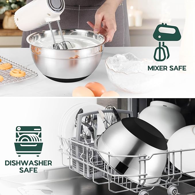 Mixing Bowls with Lids Set of 6 for Kitchen Stainless Steel Metal Nesting Bowls with Non-Slip Bottom Black - Size 1, 1.5, 2, 2.6, 3.5, 7QT