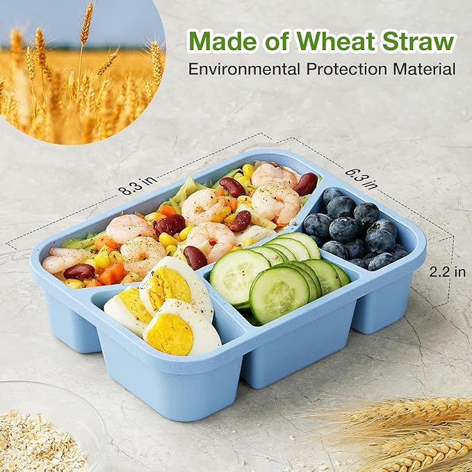 4 Pack Bento Lunch Box, 4 Compartment Wheat Straw Meal Prep Containers for Kids/Toddle/Adults, BPA Free Reusable Food Snack Storage Containers, Durable Bento Box for School, Work and Travel