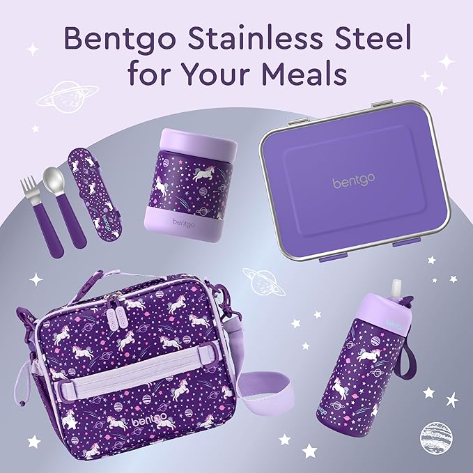 Bentgo Kids Stainless Steel Leak-Resistant Lunch Box - 3-Compartments with Bonus Silicone Container, Durable, Eco-Friendly, Dishwasher Safe, BPA-Free, Ideal for School, Ages 3+ (Purple)
