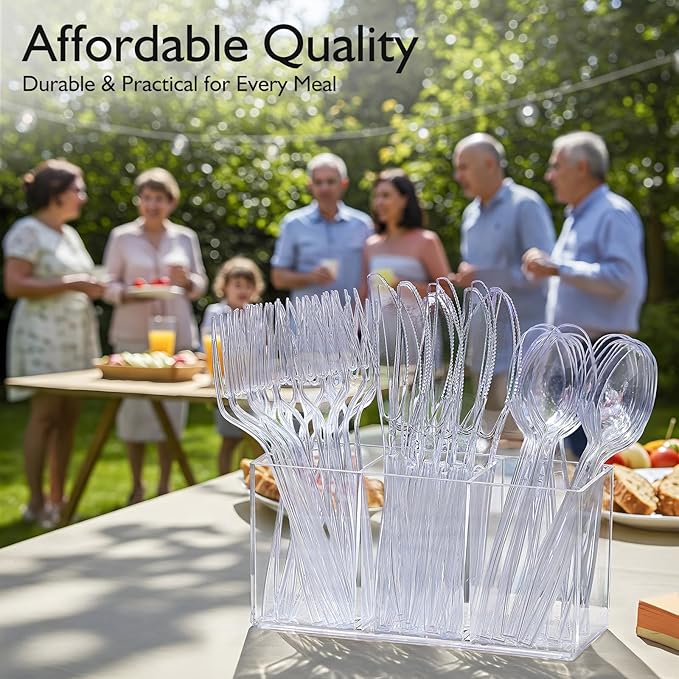 300 Count Heavy Duty Clear Plastic Silverware, Disposable Plastic Utensils Set, 100 Forks, 100 Spoons, 100 Knives, BPA-Free Heat Resistant Durable Plastic Cutlery Set for Party
