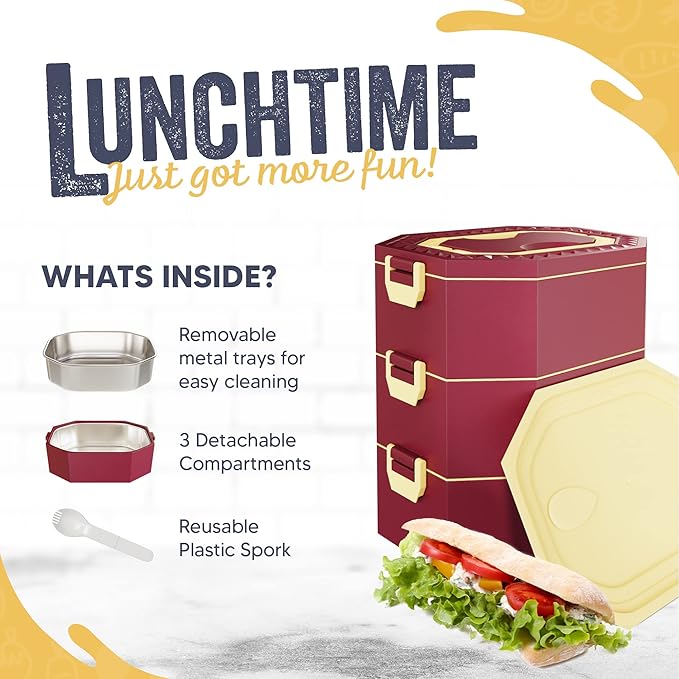 Stainless Steel Stackable Bento Box Adult Lunch Box with Cutlery - Hot/Cold - Separates Ideal Portion Sizes - Reusable Tin Inserts - Dishwasher Safe - Stackable Lunch Container for Adults with Spork