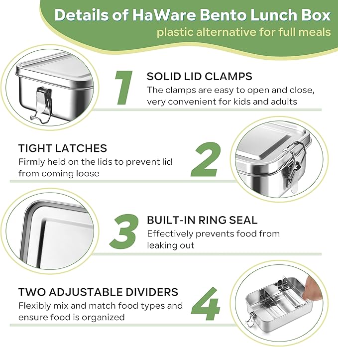 HaWare Stainless Steel Bento Box, 47oz (1400ML) Lunch Box Container with Lids and 2 Removable Dividers, Metal Lunch Containers with Locking Clips, Leak-Proof Food Storage Containers for Work School