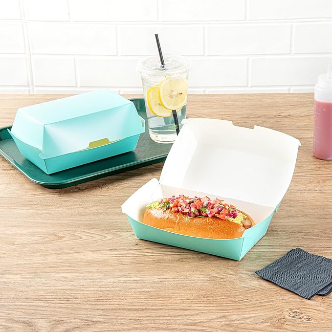 Restaurantware Bio Tek 6.7 x 3.5 x 3.5 Inch Clamshell Food Containers 100 Disposable Sandwich Containers - Hinged Lid Tab-Lock Closure Turquoise Paper Hot Dog Containers Durable Greaseproof
